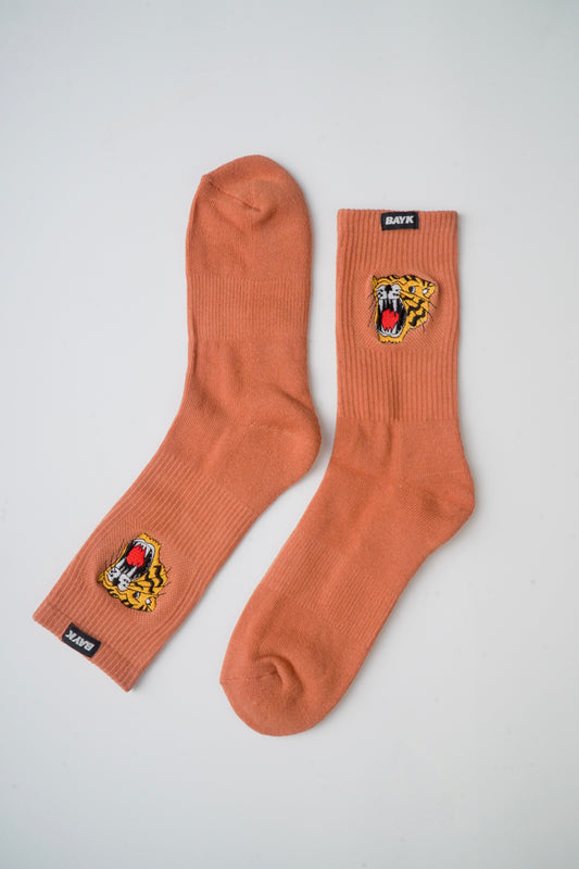 Tiger Embroidered Sock —Clay