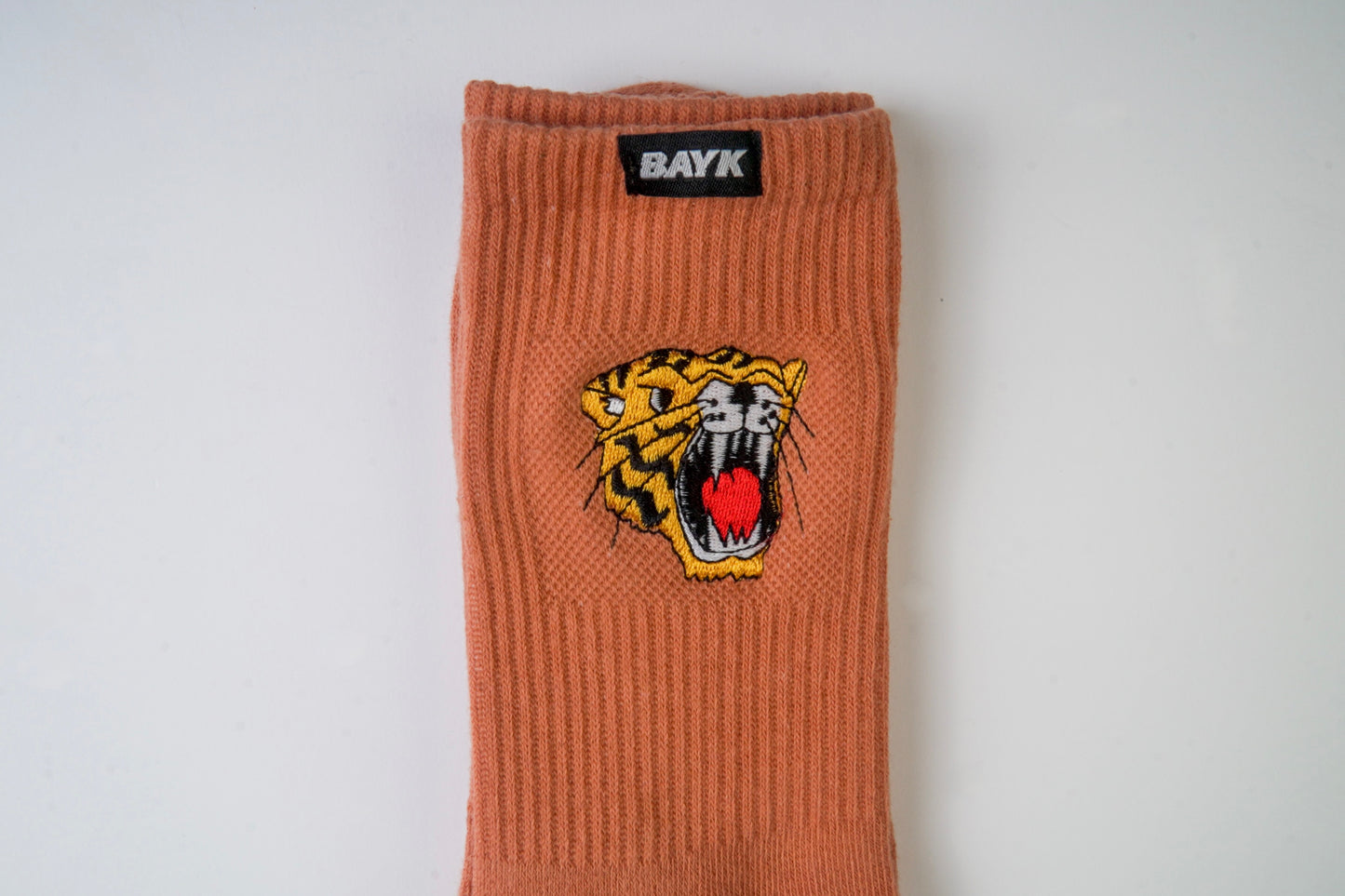 Tiger Embroidered Sock —Clay