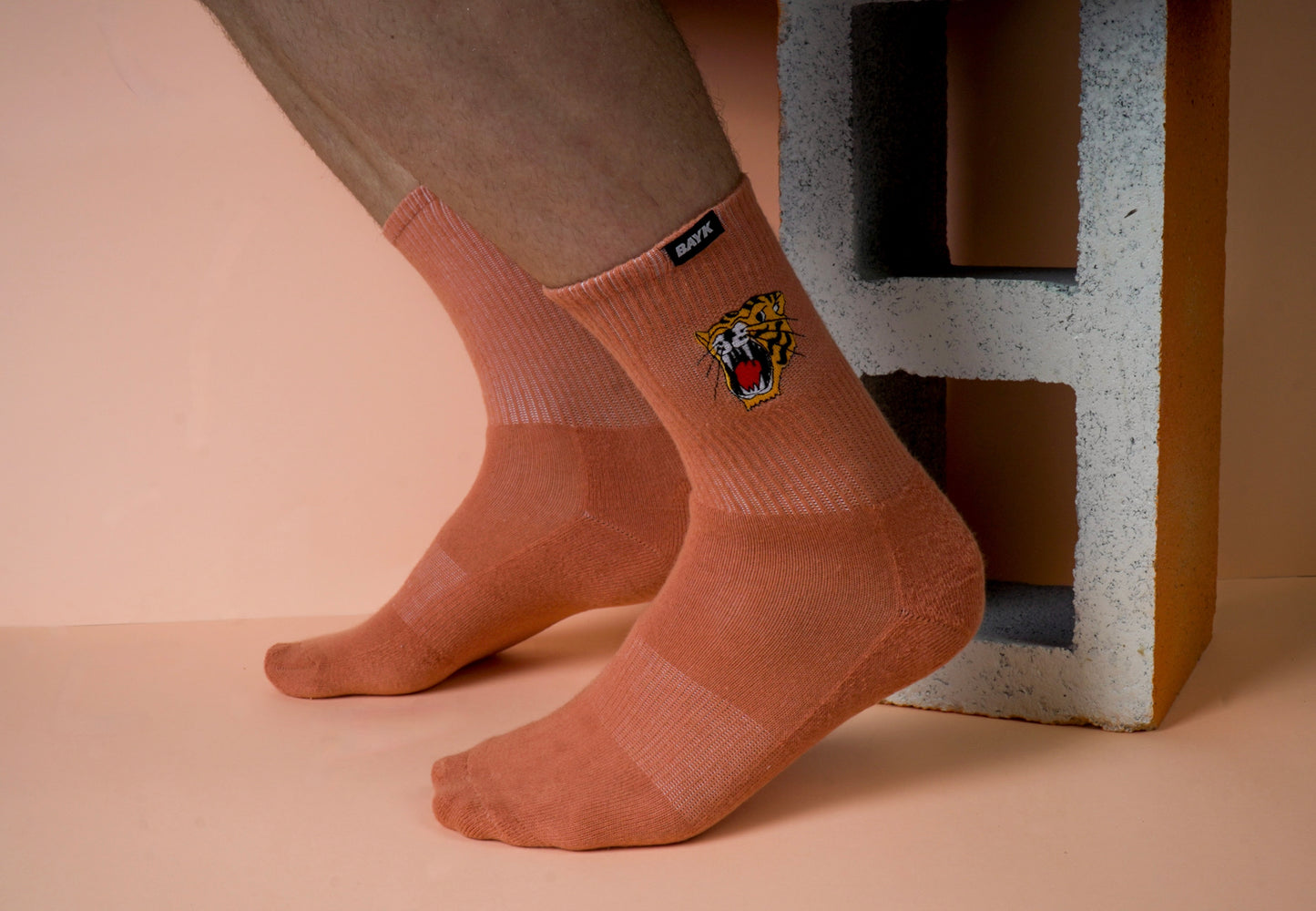 Tiger Embroidered Sock —Clay